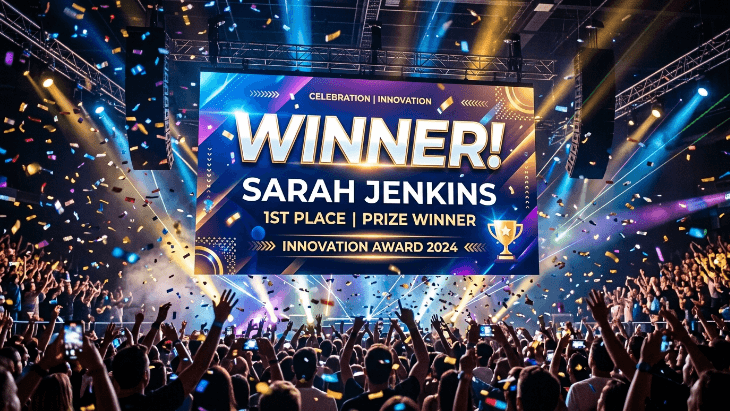 Digital illustration of confetti exploding over a screen showing a selected winner name for a fair online giveaway.