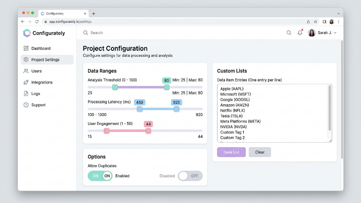 User interface mockup of a random generator input form with custom filters and duplicate toggle.