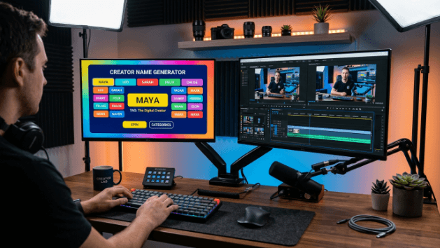 A presenter hosting a live stream while using a random interactive name picker tool on a monitor.
