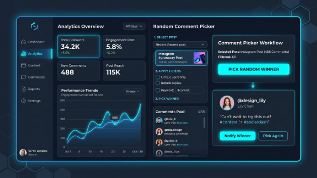 Social media dashboard interface demonstrating random comment selection for online giveaway winners.
