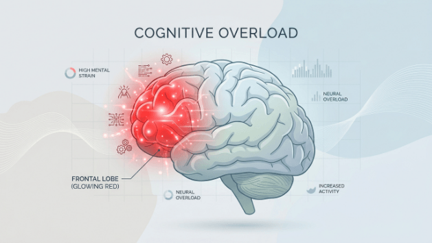 Diagram detailing the frontal lobe function in human decision making and mental energy consumption.