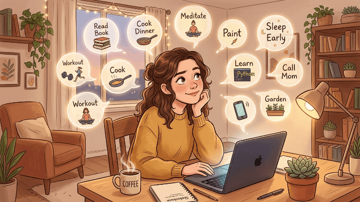 Person sitting at a desk looking overwhelmed by multiple floating options for dinner and entertainment.