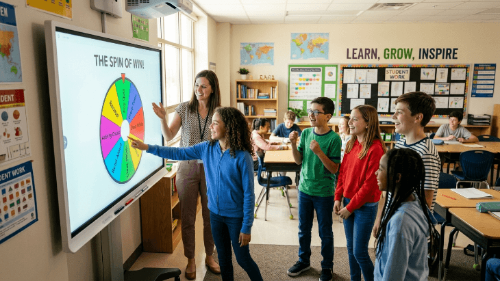 Teacher pointing at a colorful wheel template displayed on a smart classroom board.