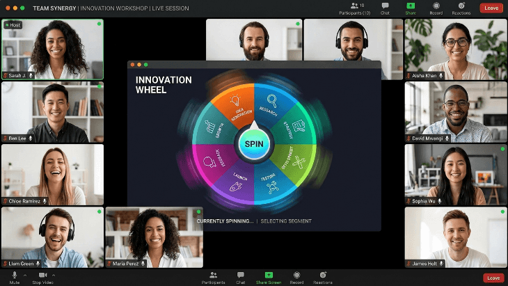 Remote team in a video meeting looking at an interactive wheel spin on screen.
