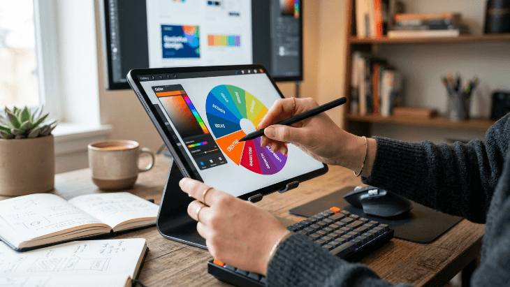 Hands designing a custom wheel template on a digital tablet with visual design tools.