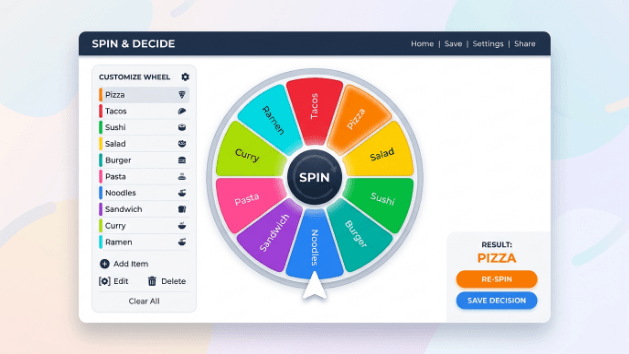 A bright digital decision spinner wheel used to randomly select options and eliminate choice paralysis.