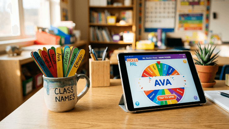 Wooden popsicle sticks with student names in a cup sitting next to a tablet running a random name picker application.