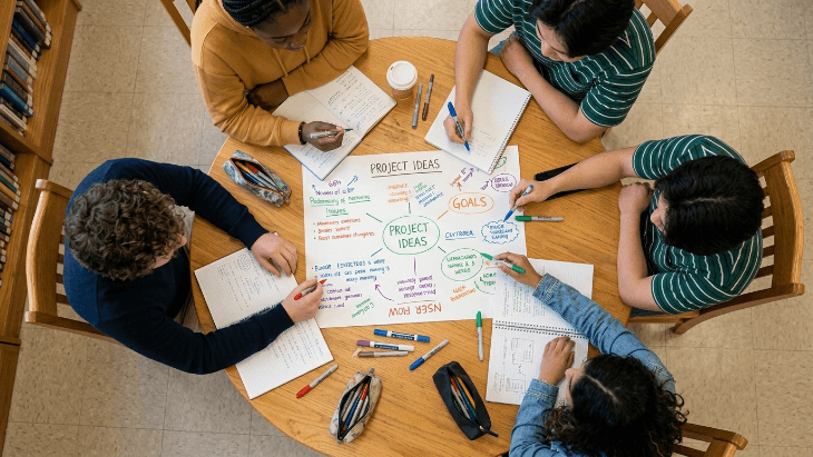 Small group of diverse high school students collaborating on a project around a desk after randomized group selection.