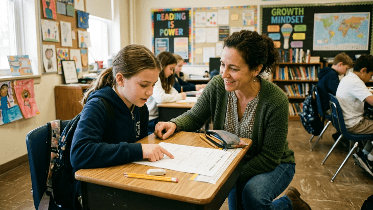 A encouraging teacher leaning down to help a student at their desk during an interactive classroom session.