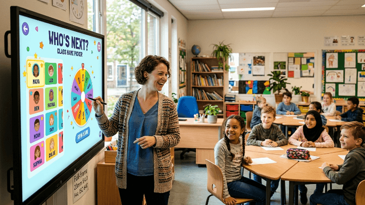 An elementary teacher sitting at a desk interactive screen showing a colorful name wheel for students.